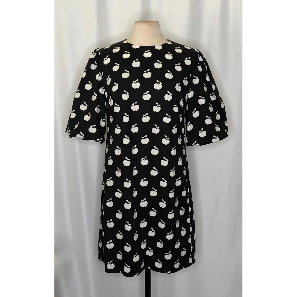KATE SPADE New York Apple Toss Taxi Dress Puff Sleeve Lined Black White Size 8